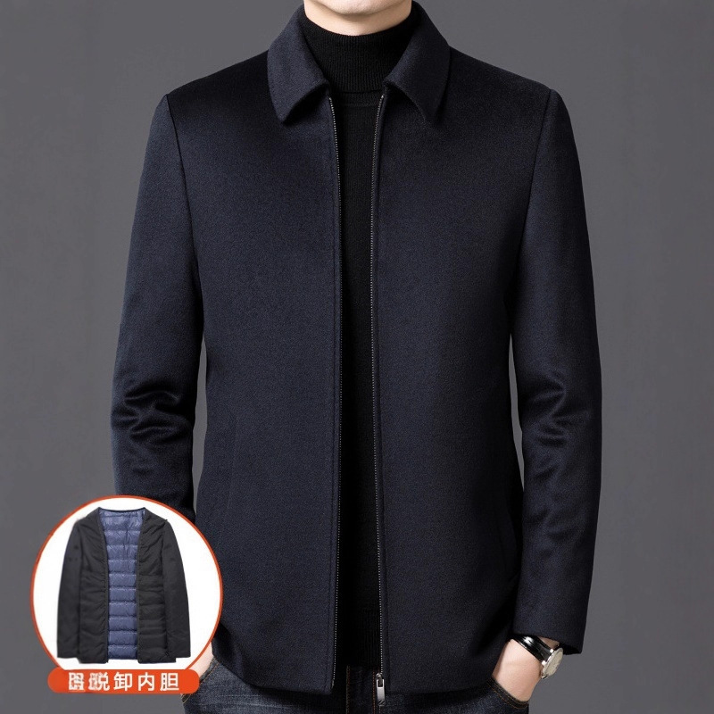 Autumn and Winter New Woolen Lapel Jacket Goose down Liner Warm Classy Cashmere Pure Color Cardigan Casual Jacket
