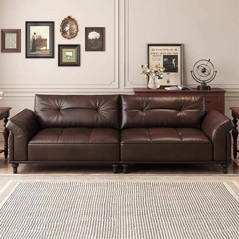 New American retro-style living room French mid-century style genuine leather sofa, small-sized straight-line oil wax leather down sofa