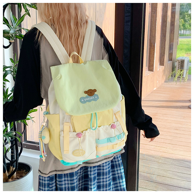Dopamin-Farbblöcke Schulrucksack für Mittel- und Oberschüler, großvolumig, Klappdeckel, Doppelschulterträger, niedlicher Mädchen-Reiserucksack
