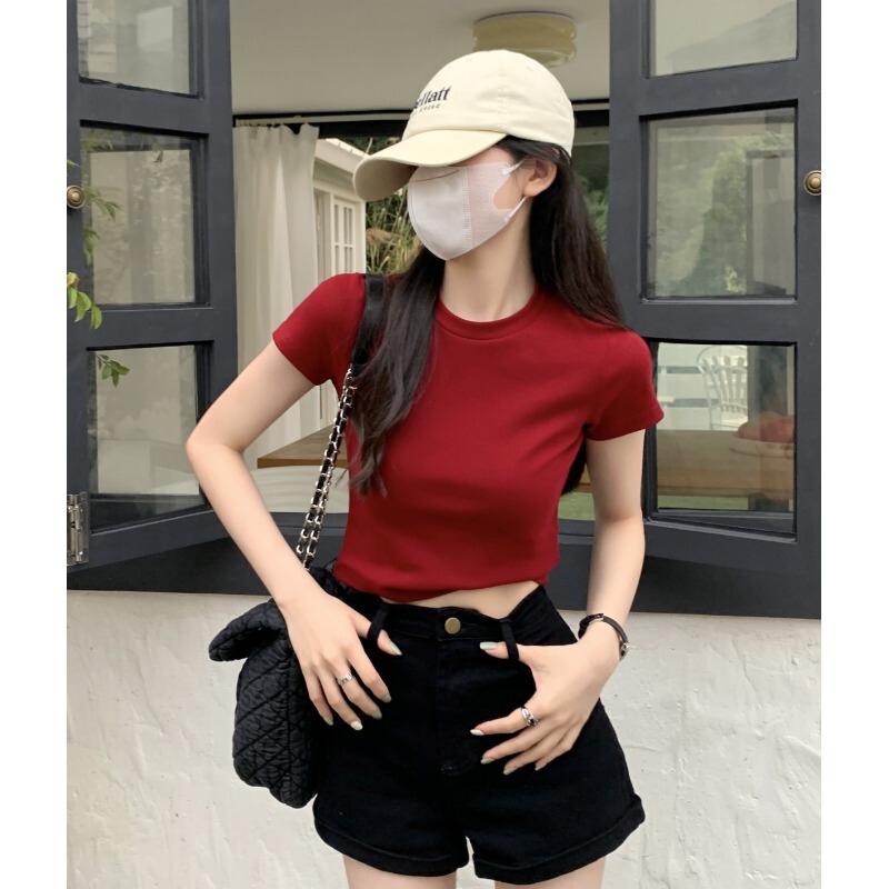 Little Red T-shirt Women's Short-sleeved Short Tight Hot Girl Top Summer New Solid Color Slim-fit Shoulder T-shirt Little Red T-shirt Women's Short-sleeved Short Tight Hot Girl Top Summer New Solid Color Slim-fit Shoulder T-shirt