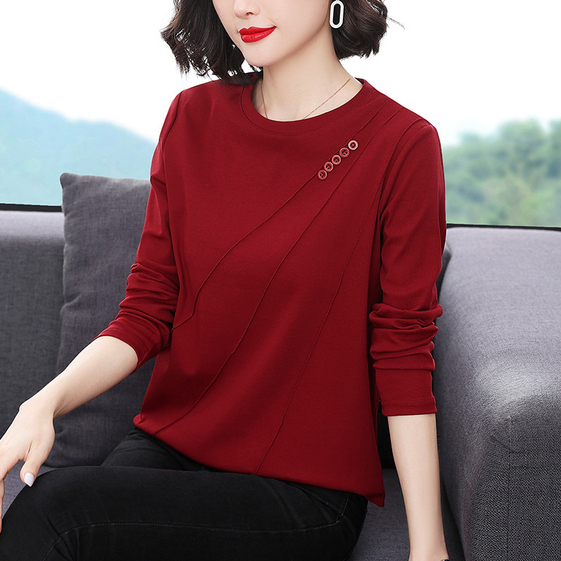 Round Neck Long-Sleeved T-Shirt for Women 2022 Spring and Autum New Loose Bottoming Shirt Fashionable Middle-Aged and Elderly Mothers Red Top