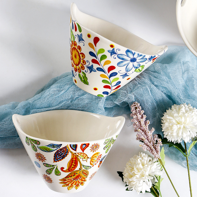 Omk Pastoral Style Creative Painted Noodle Bowl Ceramic Double-Eared Bamboo Hat Noodle Bowl Household Personalized Hot Pot Dish Bowl Wholesale Omk Pastoral Style Creative Painted Noodle Bowl Ceramic Double-Eared Bamboo Hat Noodle Bowl Household Personalized Hot Pot Dish Bowl Wholesale