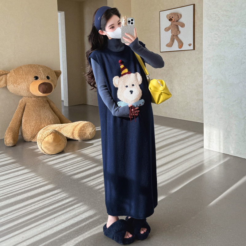 孕妇秋装套装2025新款时尚连衣裙秋冬季毛衣背心裙打底上衣两件套|undefined