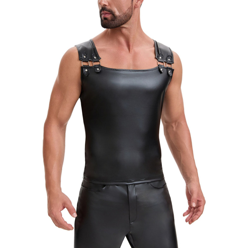 Cross-Border European and American Men's Matte Leather Vest with Metal Buckle Shoulder Straps, Sexy Sleeveless Vest for Nightclubs and Clubs Cross-Border European and American Men's Matte Leather Vest with Metal Buckle Shoulder Straps, Sexy Sleeveless Vest for Nightclubs and Clubs