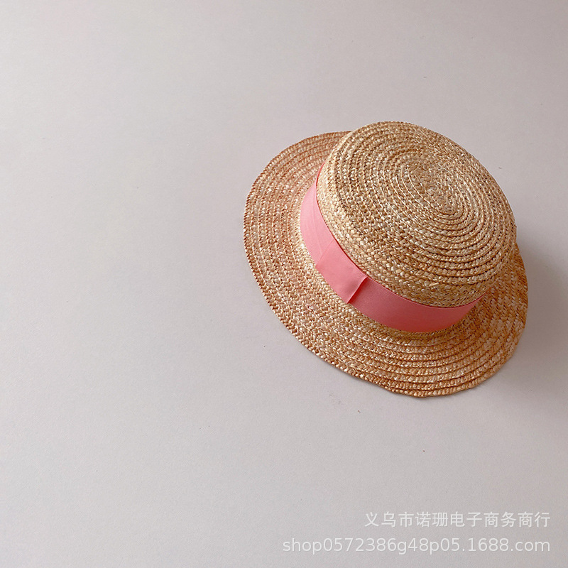 Sombrero de paja de trigo plano para niños, estilo coreano, para playa, ala ancha, protección solar, moda