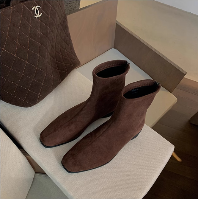 358-2葡萄妈同款韩版秋冬方头绒面复古网红瘦瘦靴短靴女马丁靴