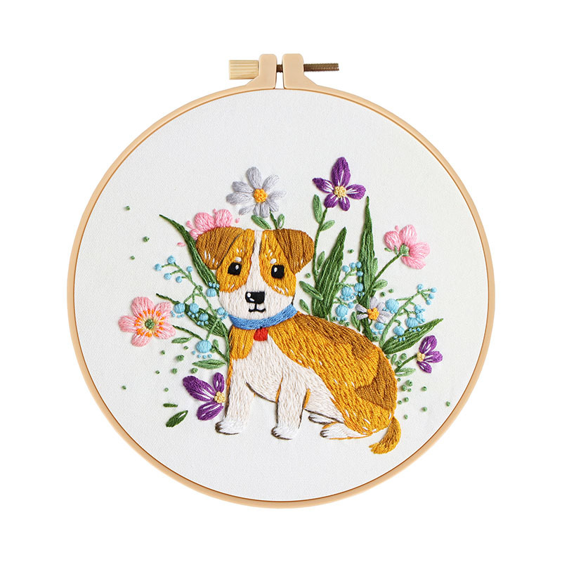 Nuevos productos originales flores de perro bordado a mano DIY material paquete de tela bordado Amazon transfronterizo inglés