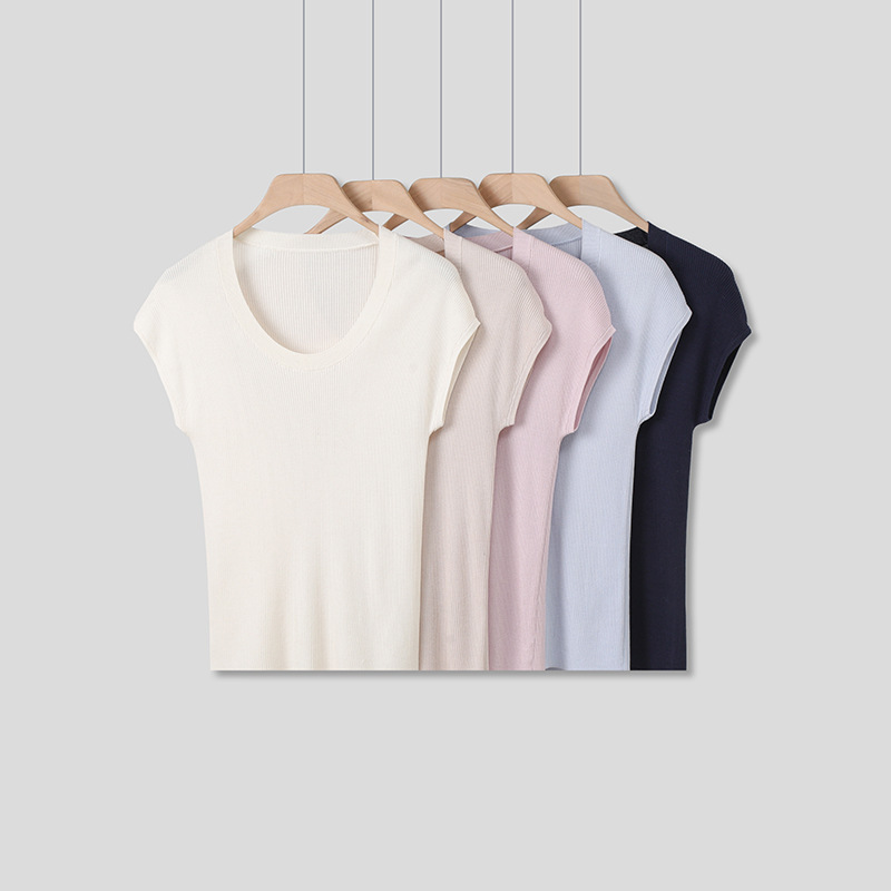 Lyocell Tencel Mulberry Silk U-neck Shoulder Sleeve Elastic Slim-fit Slim-fit Sweater Women's Summer T-shirt Lyocell Tencel Mulberry Silk U-neck Shoulder Sleeve Elastic Slim-fit Slim-fit Sweater Women's Summer T-shirt