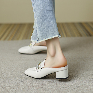 Full Leather Chunky Heel 4cm Baotou High Heel Slippers Mid Heel All-match Half-support Summer Casual Sandals