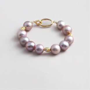 Natural Slightly Wrinkled Bar Powder Purple Baroque Stunning Large Dot Design Rare Pearl Bracelet with Metallic Texture