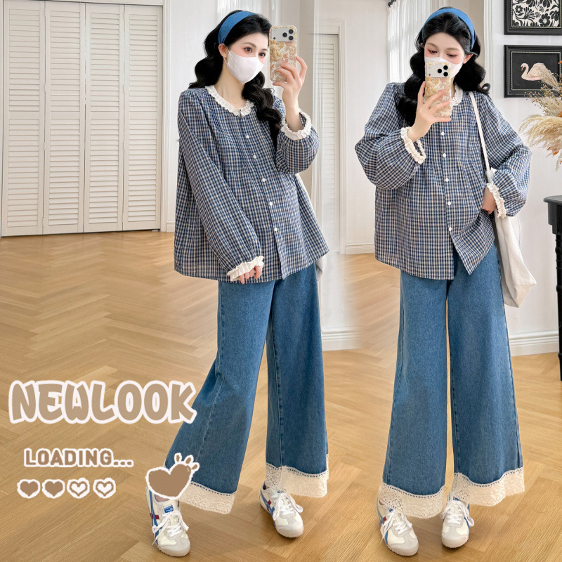 2026 New Autumn Maternity Shirt with Lace, Pleats, Plaid Pattern, Long Sleeve Babydoll Top for Pregnant Women 2026 New Autumn Maternity Shirt with Lace, Pleats, Plaid Pattern, Long Sleeve Babydoll Top for Pregnant Women