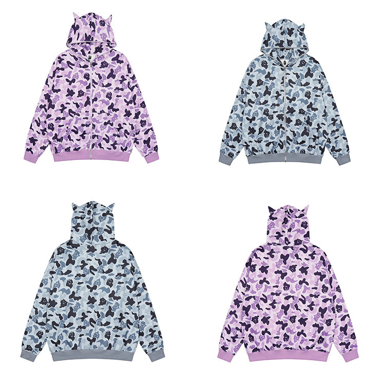 European and American little devil camouflage double-layer hat sweater adult children's clothing zipper 3D digital printing factory direct delivery