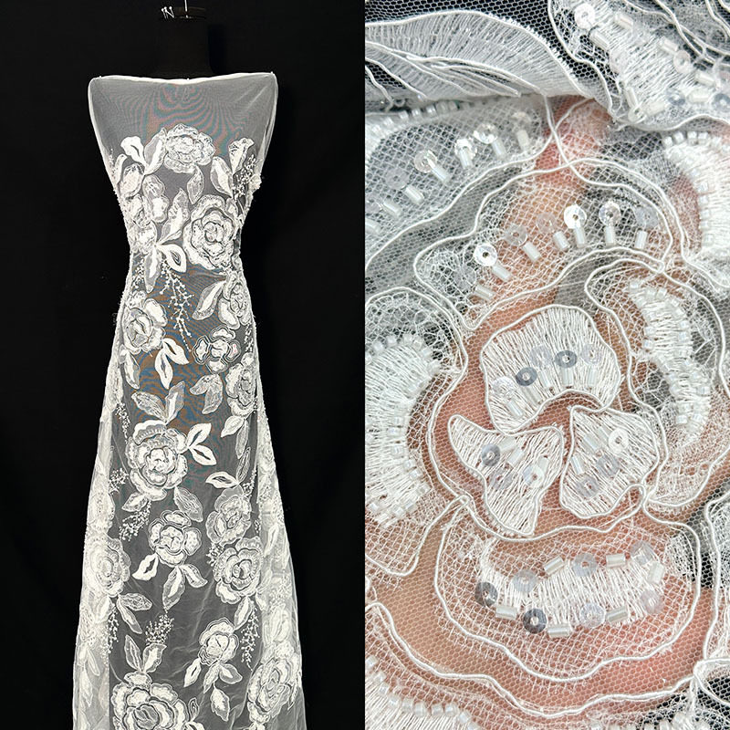 Tejido de bordado de perlas vestido de boda DIY tela de decoración bordada de sequillas tela de red bordada de perlas franceses tela bordada de tubo image 3