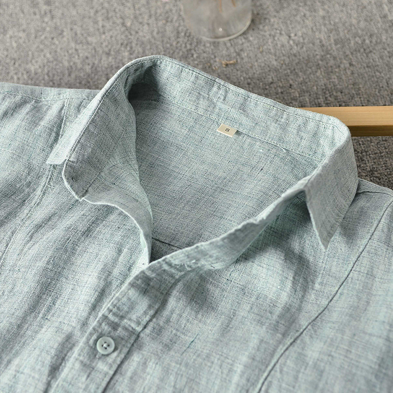 Camisa de Lino de Manga Larga para Hombre, Primavera 2025, Nueva, Holgada, Informal, con Cuello Camisero, Color Sólido, E008