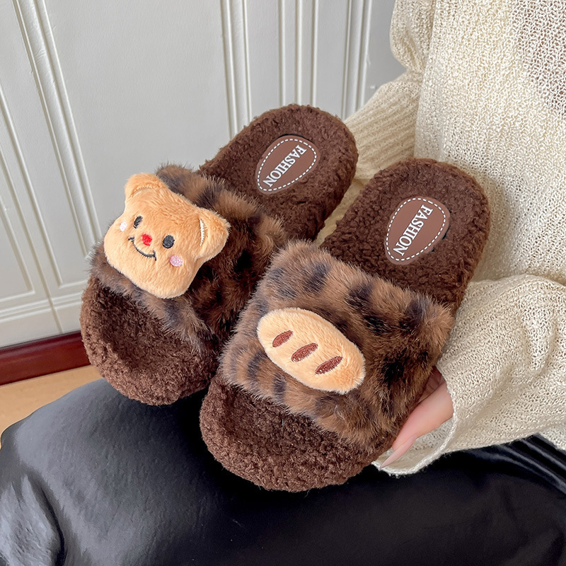 Leopard Print Fur Slippers for Women 2025 New Autumn and Winter Home Indoor Non-Slip Cute Outer Wear Cotton Slippers for Women Wholesale