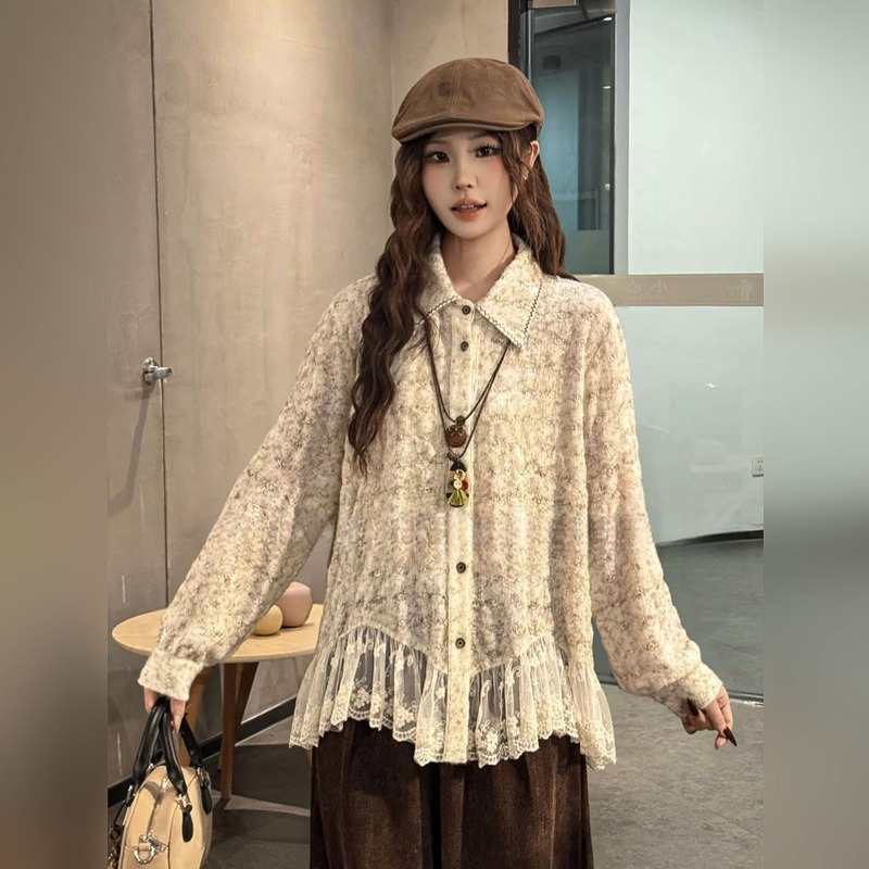 Xiaozhuo shirt [Plain mist vine pattern] French lace versatile polo collar design shirt autumn 21090