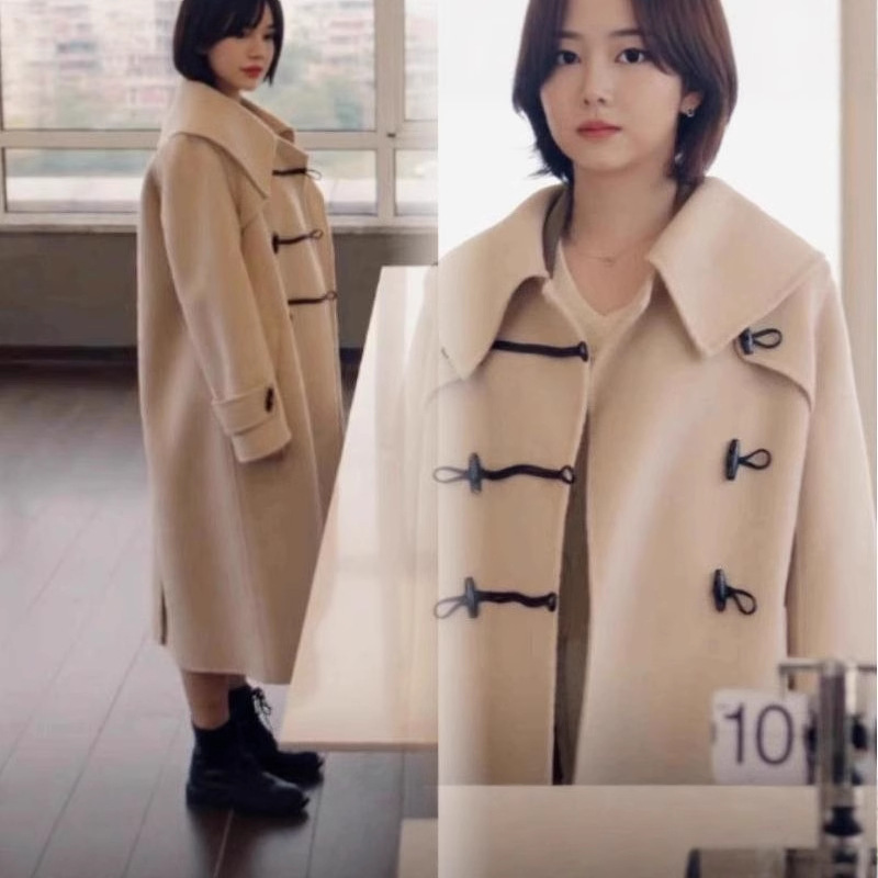 双面牛角扣羊驼绒大衣女中长款修身高级感学院风小个子羊毛呢外套