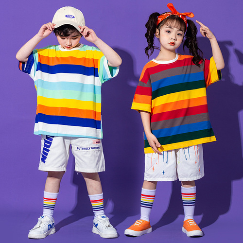 Girls boys rainbow striped hiphop street rapper jazz dance outfits boys hip-hop jazz dance clothing nursery school graduating class