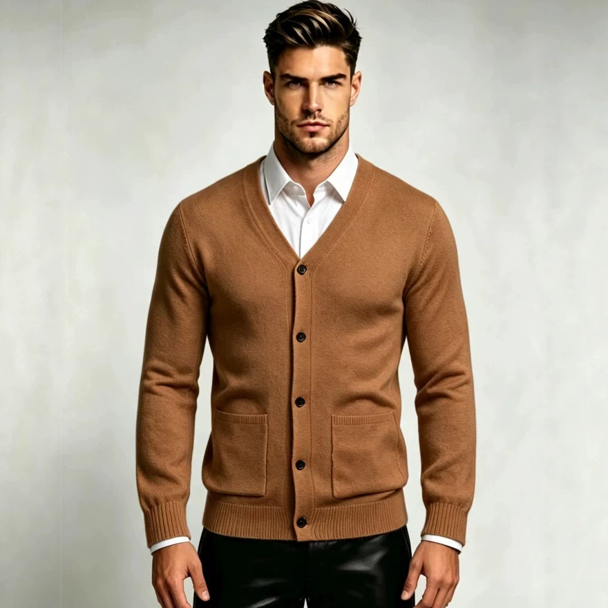 In-stock, new winter collection, men's solid-color V-neck slim-fit cardigan sweater, trendy and casual outerwear for young men