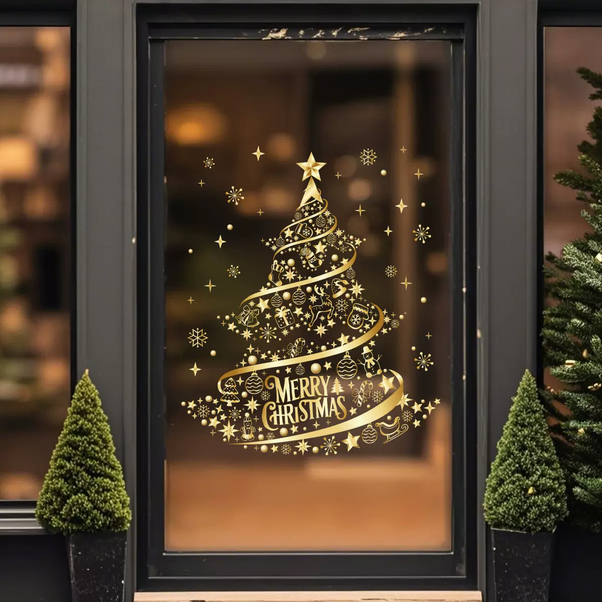 2026金色圣诞树圣诞礼物静电玻璃窗贴圣诞节日玻璃推拉门装饰窗贴