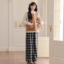 文艺复古花朵刺绣马甲立领针织打底上衣格子阔腿长裤三件套套装