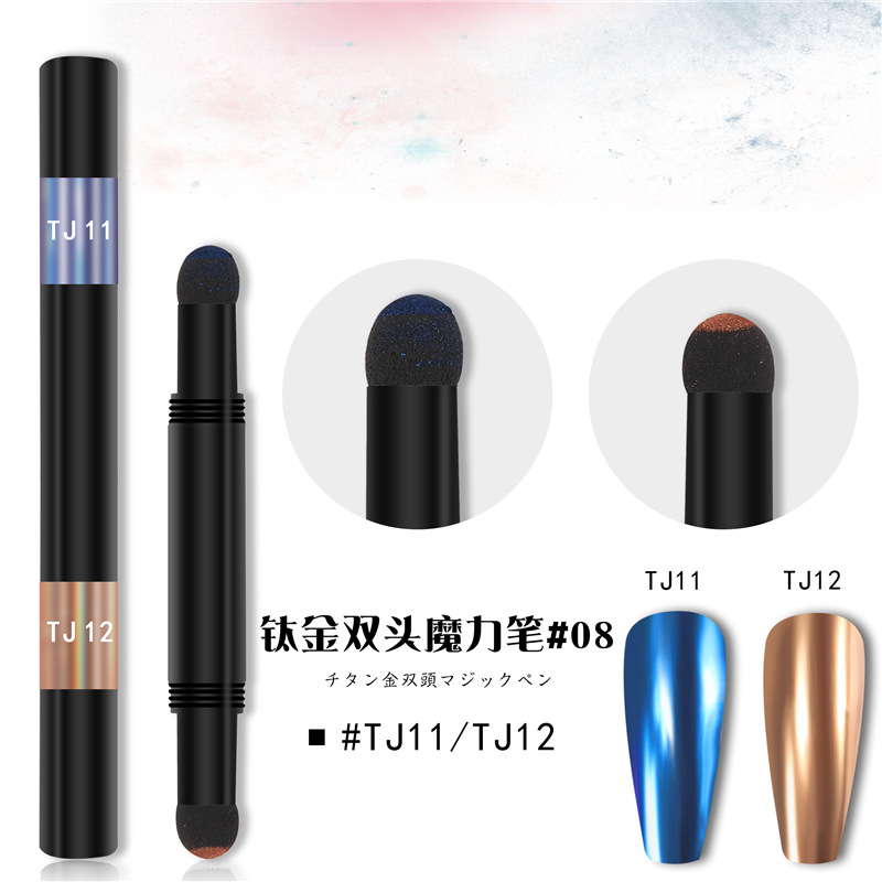 Cross-border nueva manicura de doble cabeza cojín de aire pluma mágica serie de titanio de 12 colores espejo mágico polvo cojín de aire pluma sólida tiza
