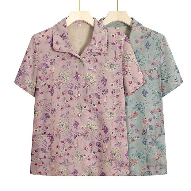 Летняя рубашка бабушки с короткими рукавами, рубашки среднего и пожилого возраста, женская теща, одежда для старухи, летние топы для мамы.