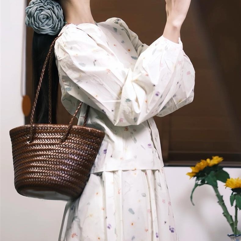 Genuine Leather Hand-Woven Basket Bag For Women - Luxury Vintage Artistic Shoulder Bag, Large Capacity Vacation Style Tote - Thumbnail 3
