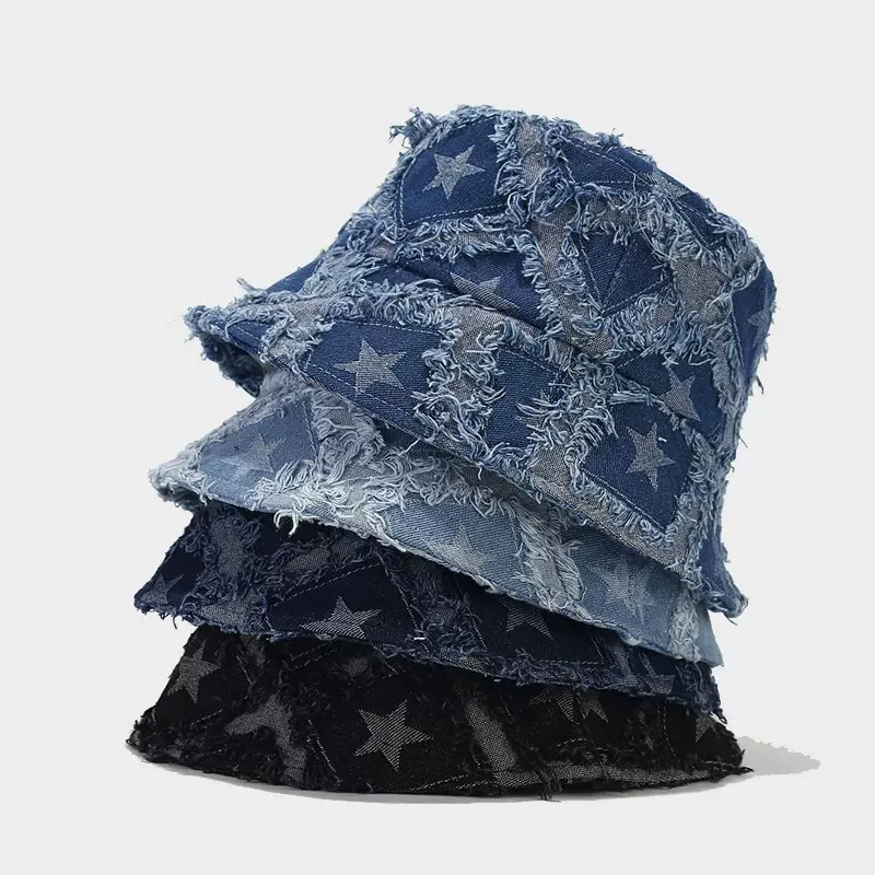 毛边星星牛仔渔夫帽女蓝色小众设计感盆帽大头围显脸小水桶帽子潮