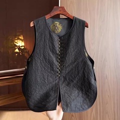 上半身のオーラが登場！新しい中国風の黒の亀裂テクスチャの女性用ベスト、女性用フラワービーズバックルベストジャケット