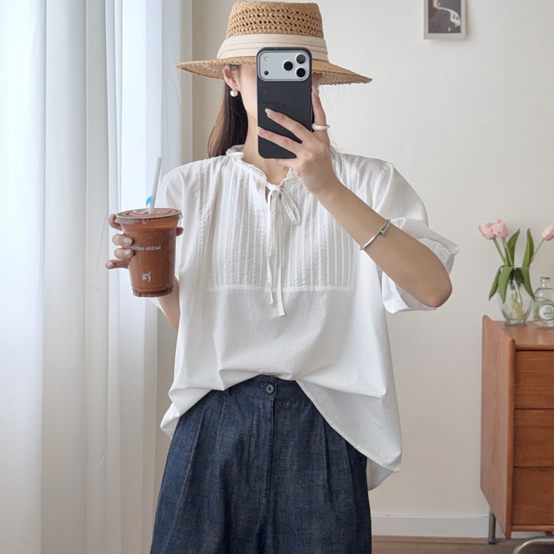 82595 French-Style Ruffled Collar Tie-Up Pullover Mid-Sleeve Shirt for Women, 2026 Summer New Casual Blouse Top