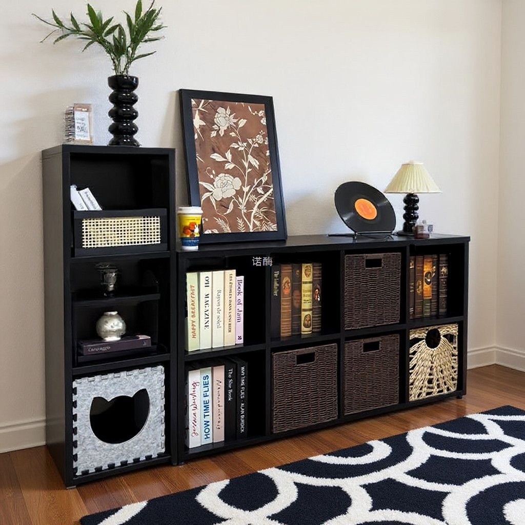 Solid Wood Bookcase Storage Cabinet Integrated Wall-Mounted Free Combination Cabinet Black Kalek Grid Cabinet Living Room Display Cabinet