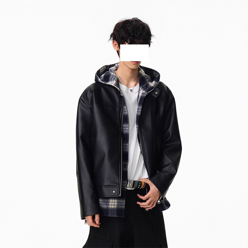 黑色垫肩短款皮衣高级感痞帅外套男立领夹克cleanfit美式PU机车服|undefined