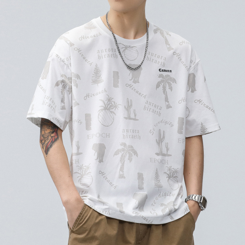 半袖tシャツ男性夏の薄いアメリカのレトロな丸首半袖insトレンドプリントのシャツカジュアルな服|undefined