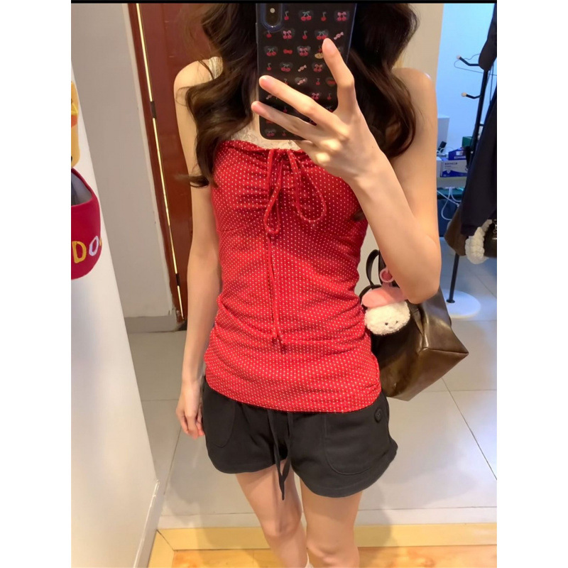 [210g 40-Count Fine Cotton 1*1] Red Polka Dot Halter Neck Tie-Up Tube Top Women's Summer Slim-Fit Top