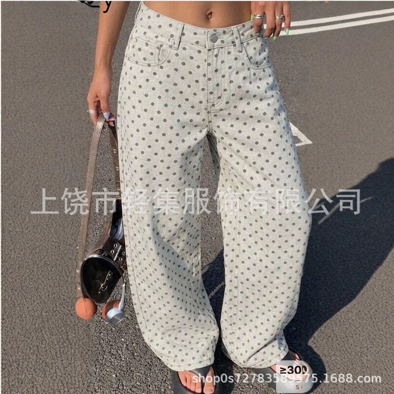 2025 Independent Site Xiyin Shopee New 3D Printed Polka Dot Flared Pants Imitation Denim Loose Fit Versatile Pants