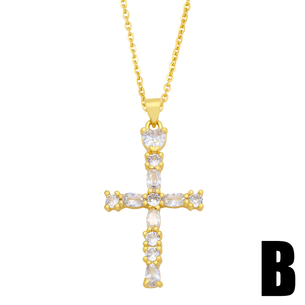 Collier Croix Européenne Et Américaine Collier En Cuivre Avec Pendentif Diamant Complet display picture 5