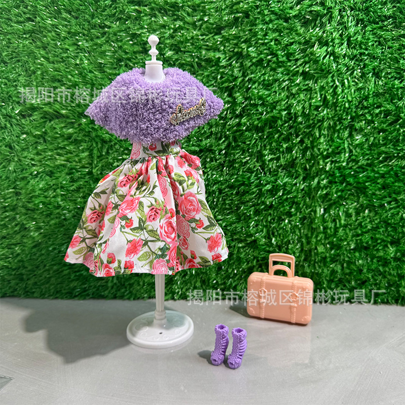 6-Point Doll Clothes 30cm Barbie Doll Outfit Faux Two-Piece Princess Dress Pastoral Style Lady Travel Suitcase