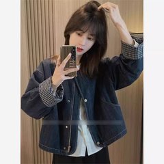 宽松休闲圆领复古牛仔外套女2025秋季新款格子袖口百搭上衣