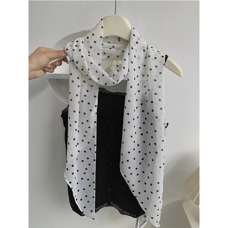 화이트 폴카 도트 실크 스카프
