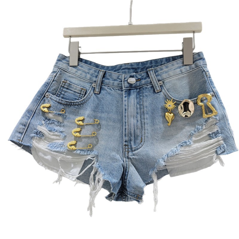 Shorts de Mezclilla de Tiro Alto de Mezclilla de Poliéster con Efecto Desgastado