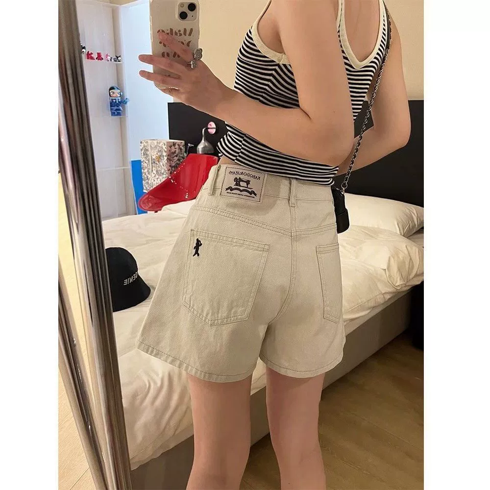 Дизайнерские джинсовые шорты для женщин лето 2025, тонкие широкие брюки, свободный крой, утягивающий эффект, высокая талия, светлые шорты