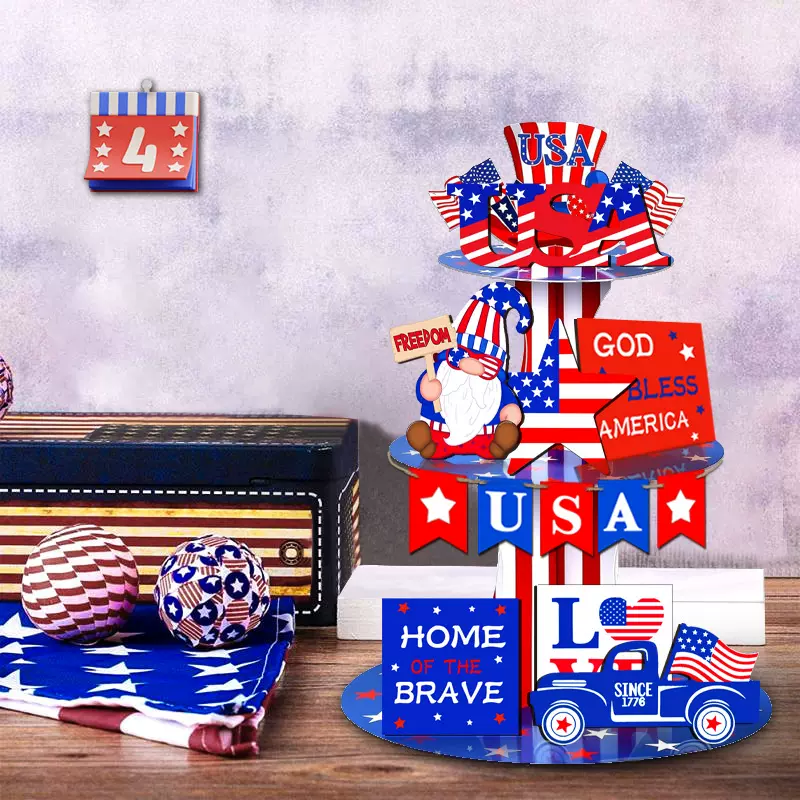 美式独立日托盘装饰 自由日场景木质摆件套装布置 分层托盘装饰品