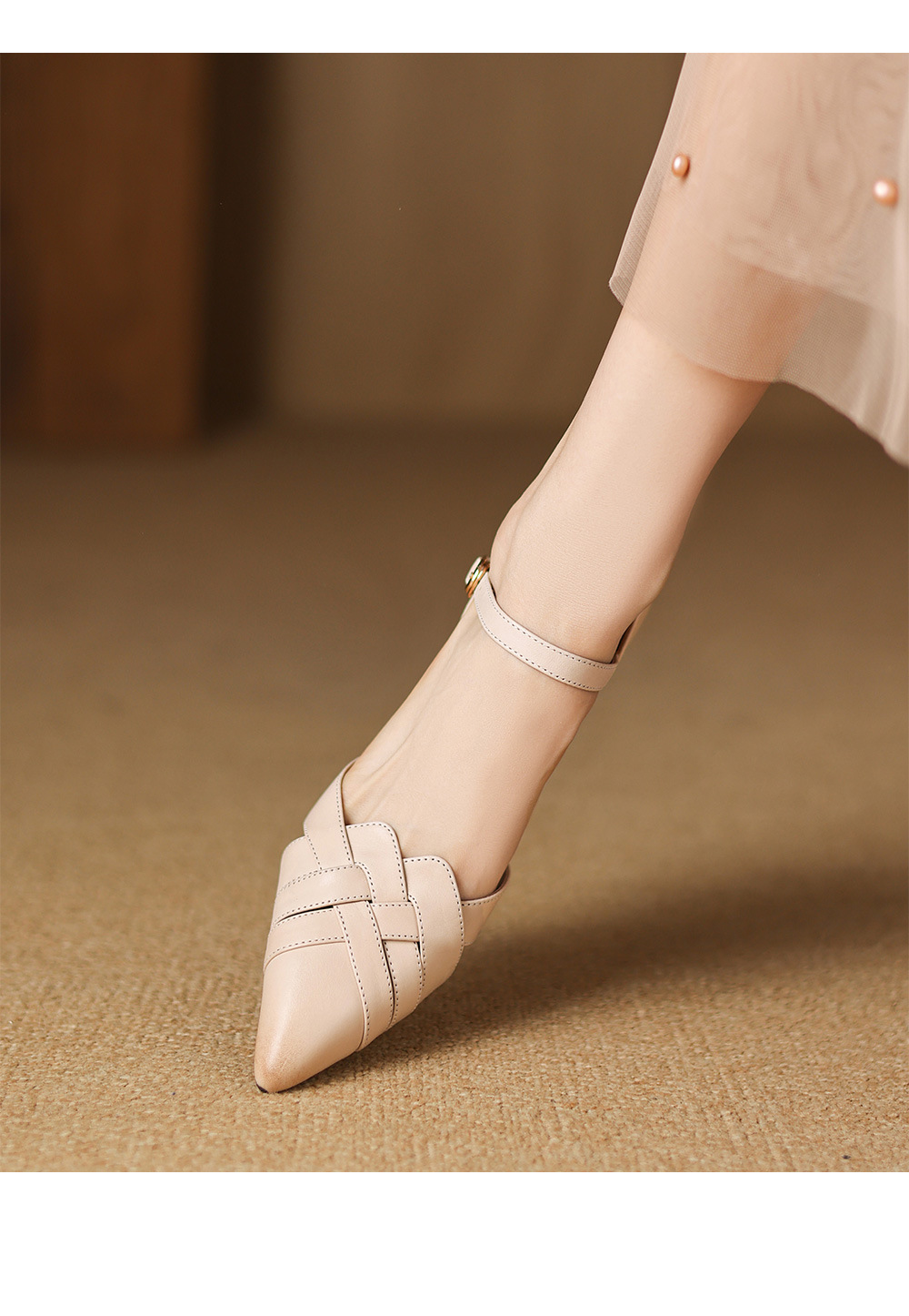 Giày sandal cao gót nữ quai ngang mũi nhọn da cừu gót 5,5 cm — đen chi tiết 15