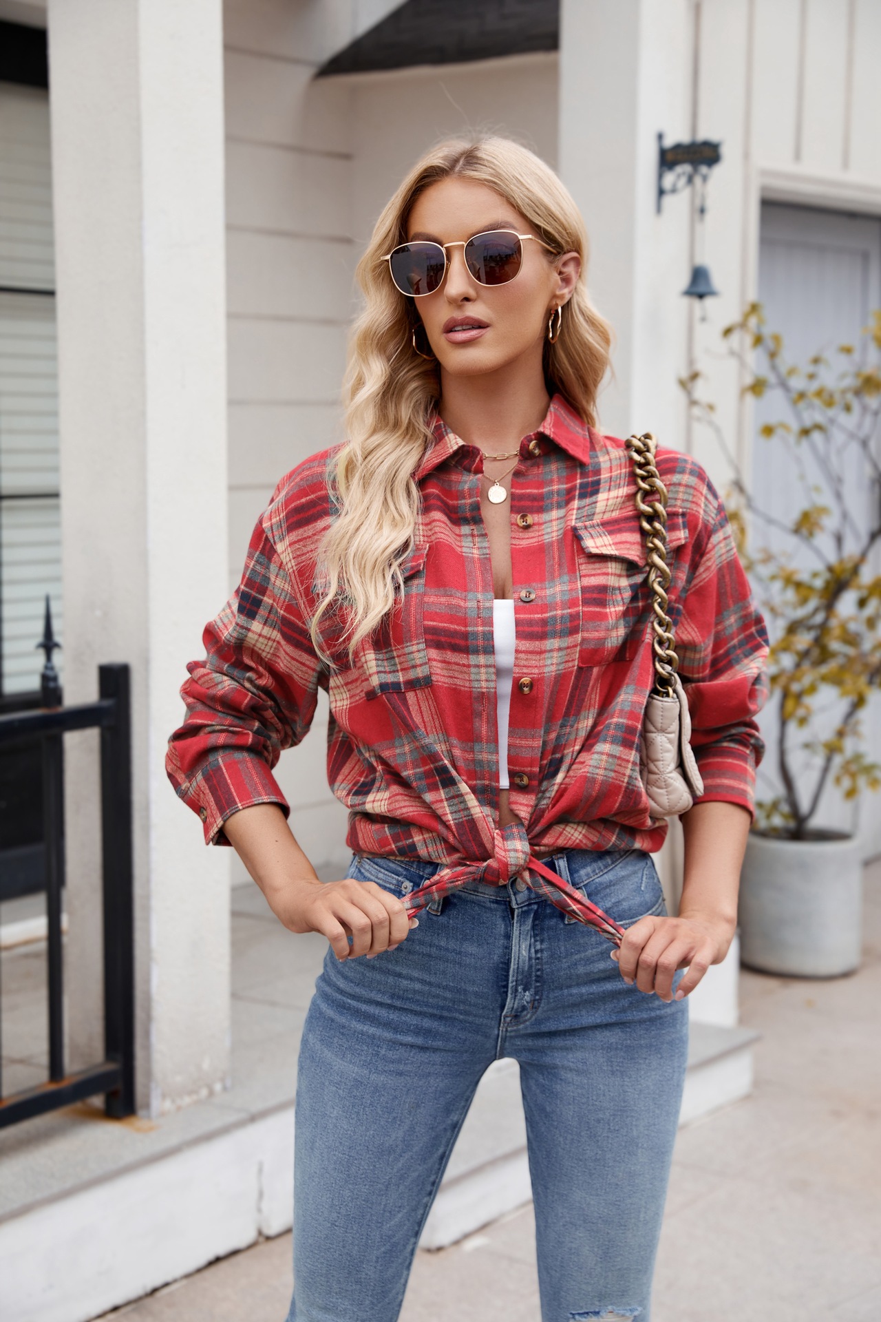 Lässiges Karohemd Für Damen Mit Taschen Für Herbst Und Winter_voghion.com