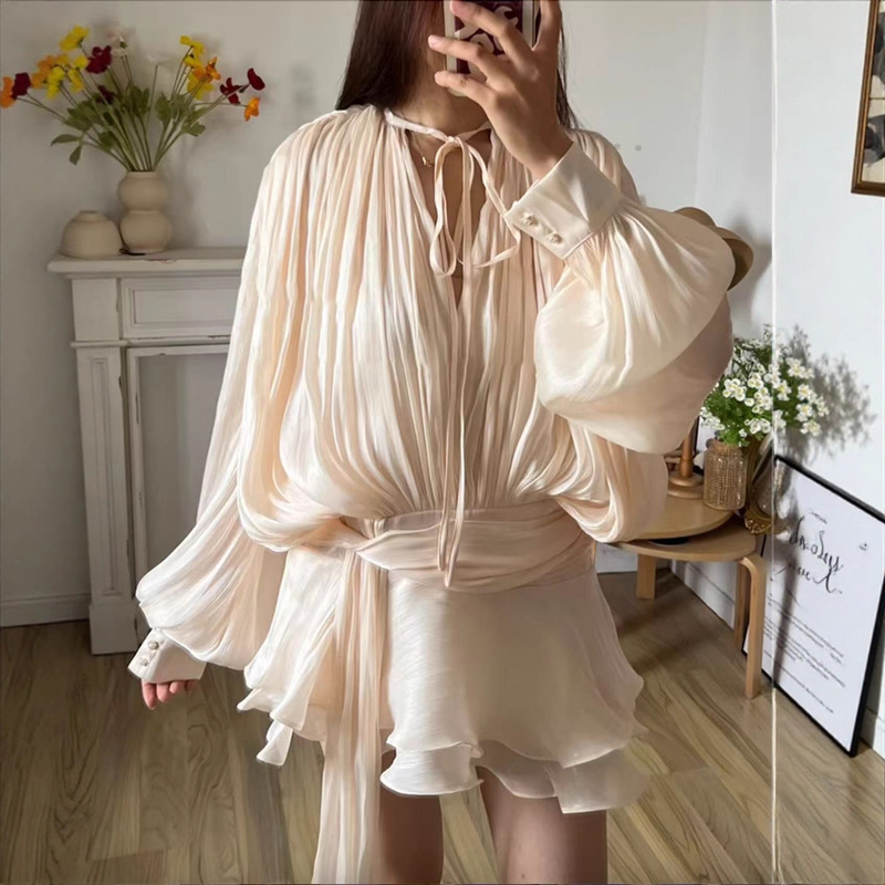 2025 Autumn New French European and American Cross-Border Puff Sleeve Ruffled Pleated Design Elegant Short Dress for Women