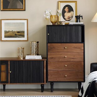 French Solid Wood Chest of Drawers for Home Small Apartment Rolling Shutter Door Storage Drawer Cabinet Bedroom Mid-Century Style Bedside Storage Chest of Drawers