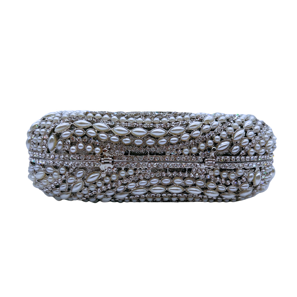 Túi clutch dạ tiệc đính kim cương rỗng lá phong cách mới — Màu trắng, Ngọc trai bạc, Bạc pha lê trắng, Màu sâm panh chi tiết 11