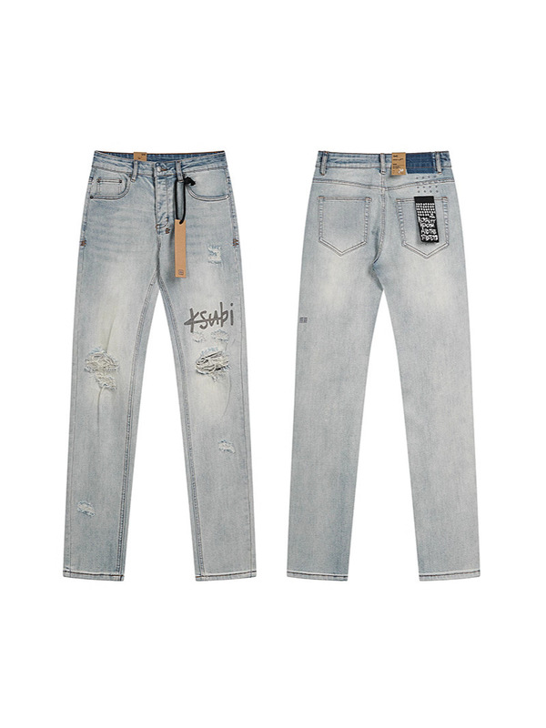 外贸高品质KSUBI &AMIRI Jeans牛仔裤高街破洞补丁弹力直筒长裤男|undefined