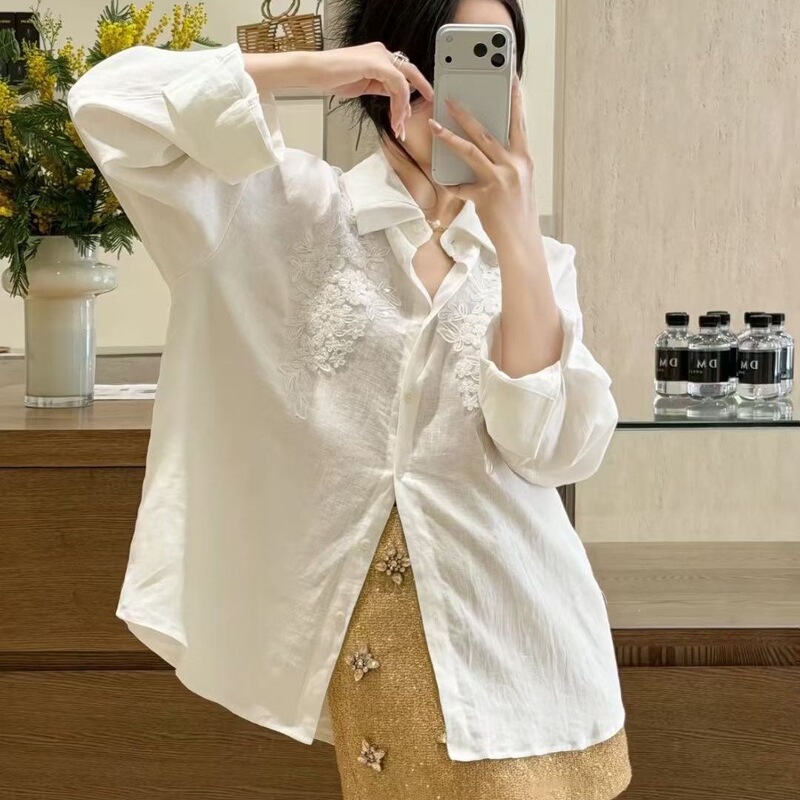 Textured Pearlescent Craftsmanship Spring Shirt Top White 2026 New Style Casual Loose Shirt